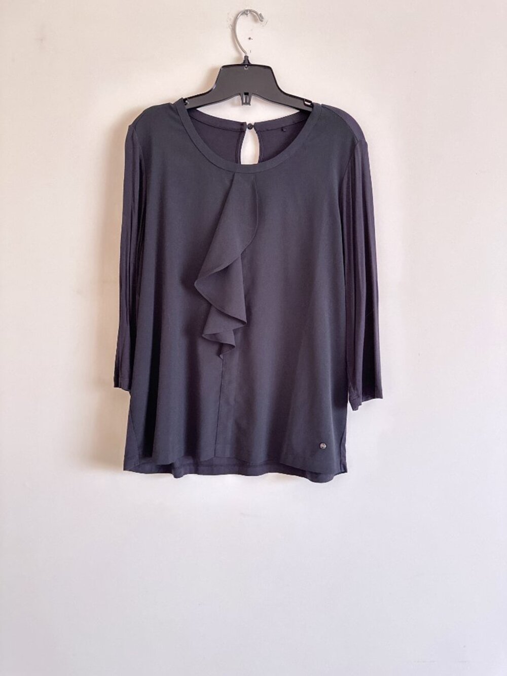 Black 3/4 Sleeve Blouse with Ruffle Detail